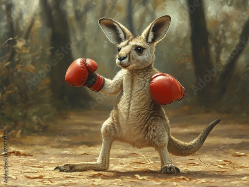 A cute kangaroo joey stands ready for action in red boxing gloves amidst a wooded area, capturing an amusing and spirited presentation of nature combined with sports. photo