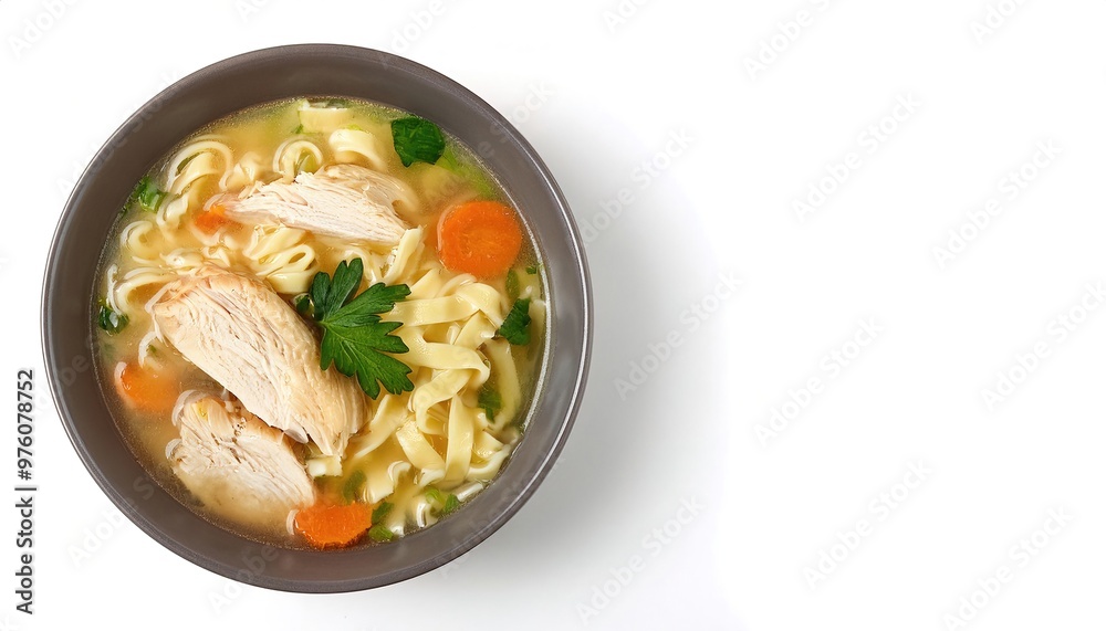 chicken noodle soup consists of a clear broth, often with pieces of chicken or vegetables. common additions are pasta, noodles, dumplings, or carrots. Isolated on white background with copy space chicken noodle soup consists of a clear broth, often with pieces of chicken or vegetables. common additions are pasta, noodles, dumplings, or carrots. Isolated on white background with copy space