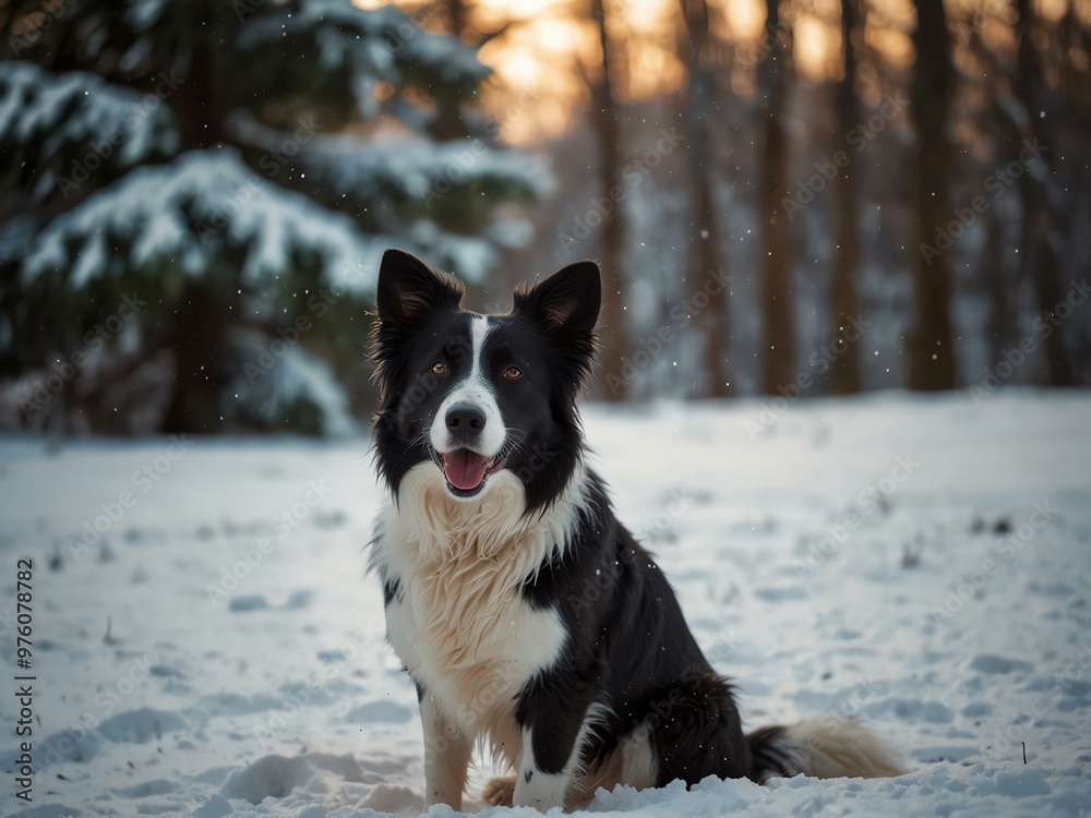 Dog in the snow near trees, border collie outdoors. Dog in the snow near trees, border collie outdoors.