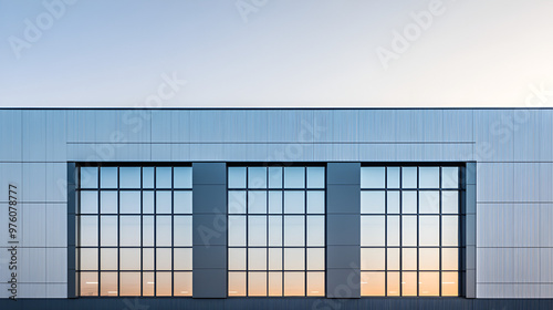 Empty large modern warehouse exterior with metal cladding and large windows set against the backdrop of clear sky Logistics distribution center Retail warehouse