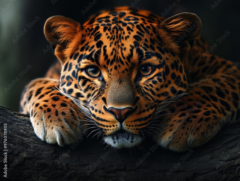 Obraz premium A close-up image of a leopard resting its head on a tree branch, gazing attentively. The intricate details of the leopard's fur and the texture of the tree bark are prominently visible.