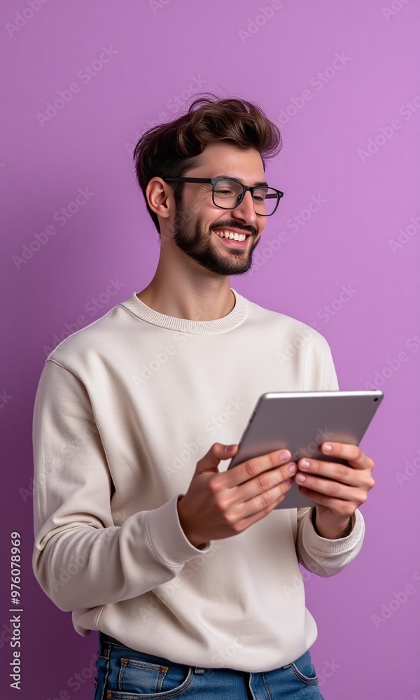 Portrait of a man holding a tablet computer on Pastel Color Background Portrait of a man holding a tablet computer on Pastel Color Background