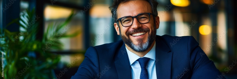 Fototapeta premium A portrait of a successful corporate lawyer smiling confidently, showcasing his expertise and positive attitude. He represents success, professionalism, legal expertise, and a thriving career.