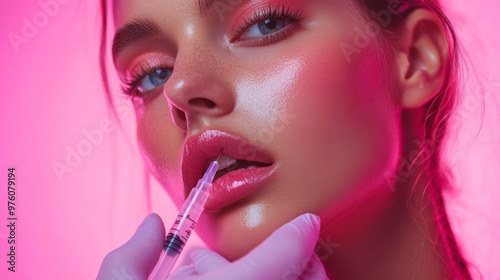 Lip Botox injections concept. Young woman getting beauty injection in her lips, doctors hand in gloves holding syringe with filler next to woman mouth. Banner background beauty procedure design