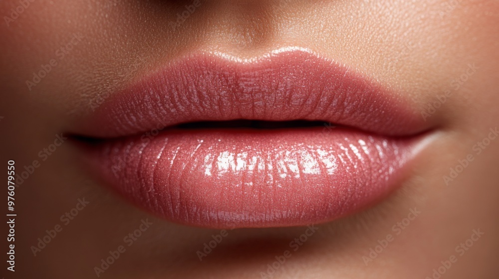 Fototapeta premium Lip Botox injections concept. Young woman getting beauty injection in her lips, doctors hand in gloves holding syringe with filler next to woman mouth. Banner background beauty procedure design
