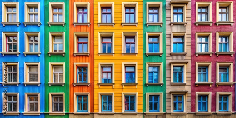 Colorful and diverse windows on building facade Colorful and diverse windows on building facade