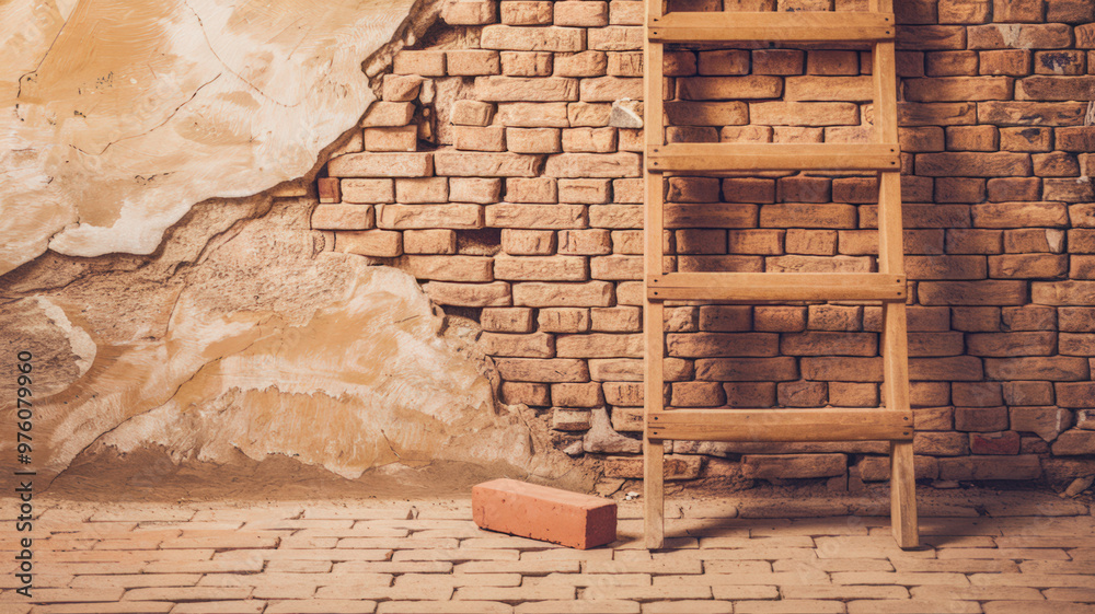 A clean background image with a lot of negative space, featuring a wooden ladder leaning against a brick wall. The ladder has three rungs and is placed on the ground. The wall is old and visible A clean background image with a lot of negative space, featuring a wooden ladder leaning against a brick wall. The ladder has three rungs and is placed on the ground. The wall is old and visible