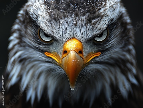 A detailed close-up of an eagle's face, with snow on its feathers and an intense gaze. The image captures the bird's striking and powerful presence in a cold setting. photo