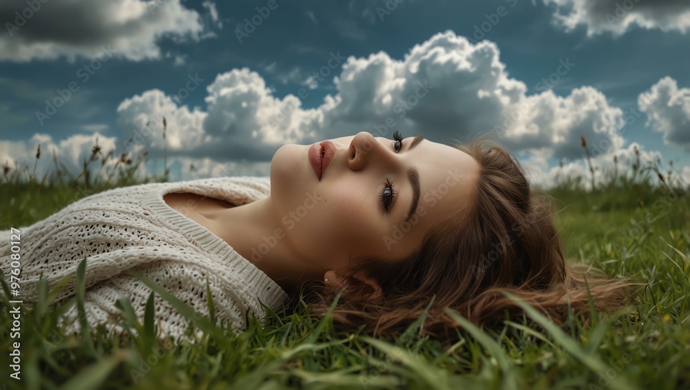 Dreamy girl lying on the grass, surrounded by clouds and a peaceful expression. Dreamy girl lying on the grass, surrounded by clouds and a peaceful expression.