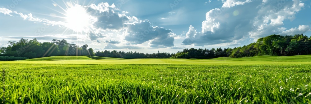 Fototapeta premium A scenic golf course basking in the warm glow of the sun, with a blank banner space ideal for showcasing your brand or message. The image embodies relaxation, recreation, and natural beauty.