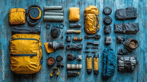 Organized travel gear and equipment on a wooden surface.