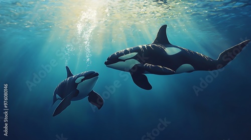 A mother orca and her calf swim together in the ocean, sunlight shining through the water.