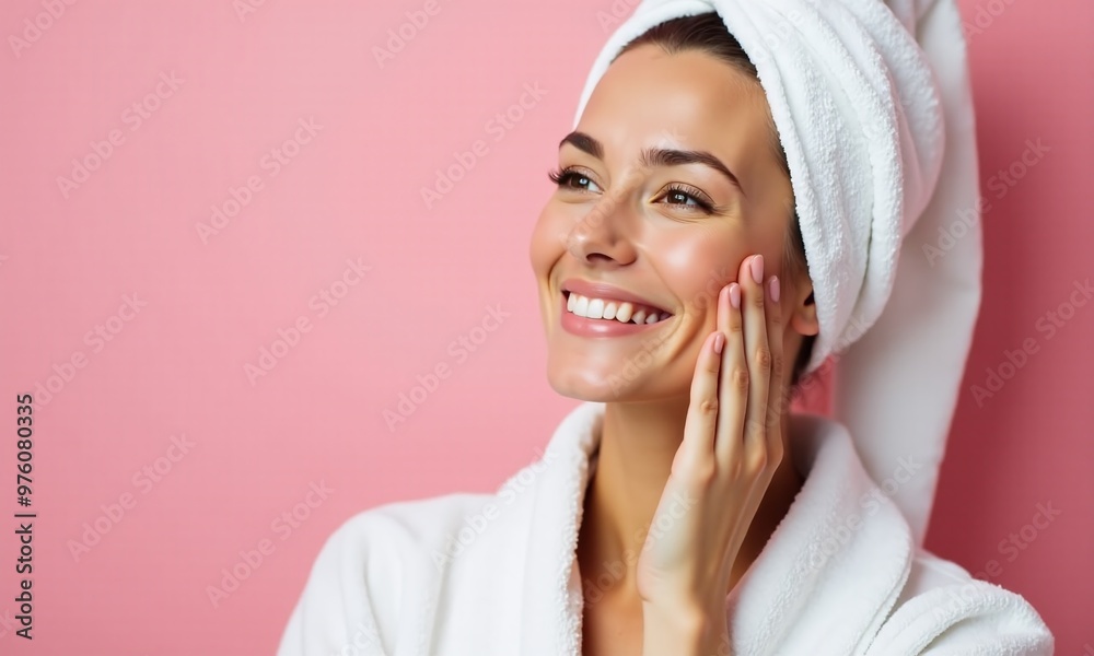 A young smiling woman with glowing skin gently touching her face against a soft pink background A young smiling woman with glowing skin gently touching her face against a soft pink background