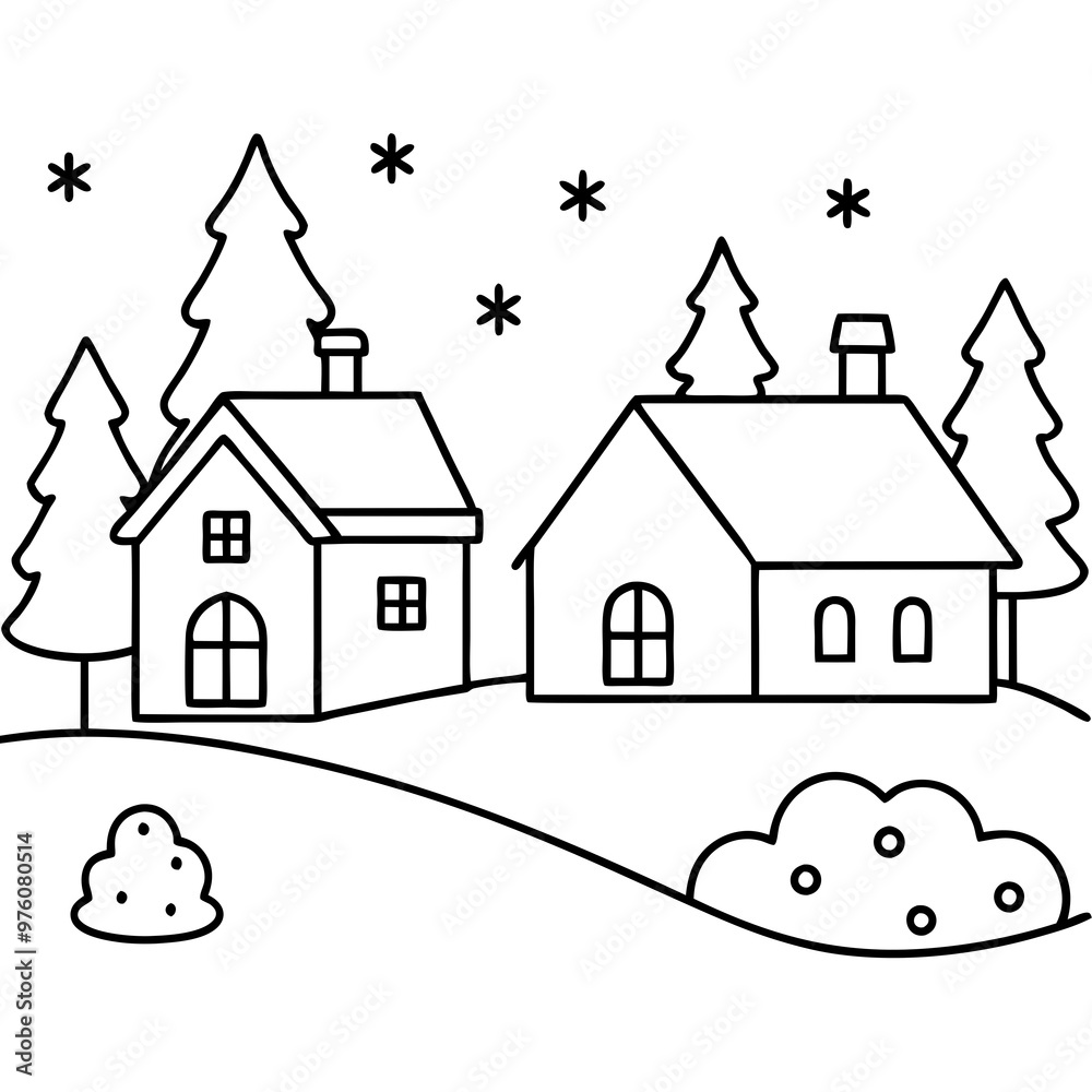 A small village scene with simple house outlines, trees, and snow-covered rooftop vector A small village scene with simple house outlines, trees, and snow-covered rooftop vector