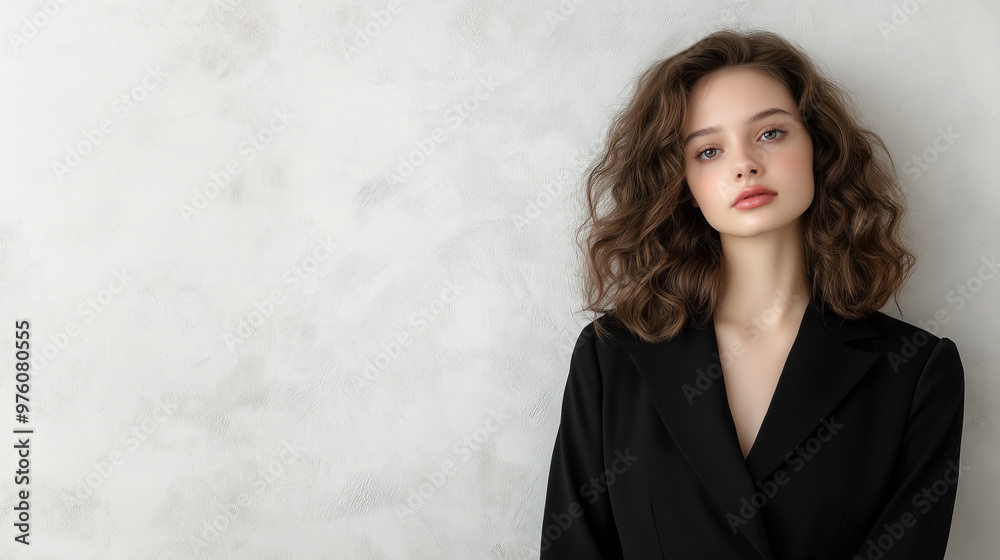 Fototapeta premium Elegant young woman in a black blazer posing against textured light background for fashion photography