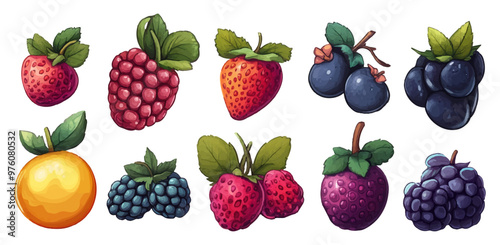 Berries Of Different Kinds In Cartoon Style Set White Background Colorful Berry Illustrations Various Types Whimsical Cartoon Art Fruit Collection Vibrant Berry