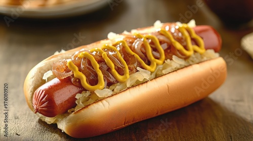 A Delicious Hot Dog with Sauerkraut and Mustard