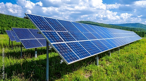 A field of solar panels captures the sun's rays, producing sustainable power.