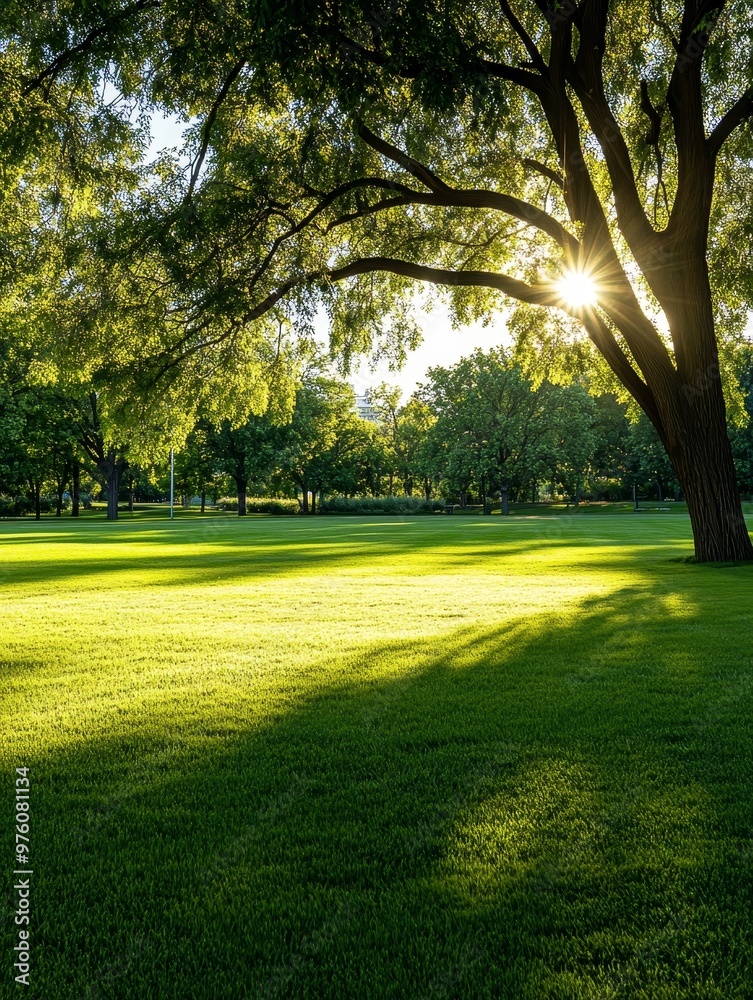Obraz premium A serene urban oasis featuring an expansive baseball field nestled under the shade of a large, sunlit tree. The lush green grass and vibrant foliage create a peaceful atmosphere, perfect for relaxatio