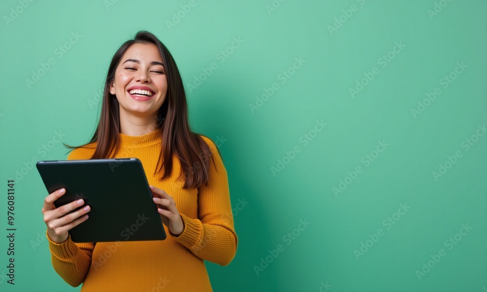 Portrait of a woman holding a tablet computer on Pastel Color Background