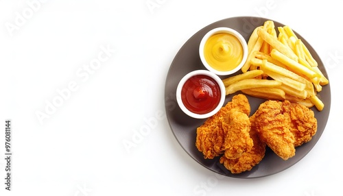 Crispy golden brown deep fried chicken strips or fingers and French fries on a plate with side of ketchup catsup and creamy honey mustard dipping sauce. Isolated on white background with copy space