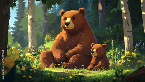 Big Bear With Small Cub Sitting In Forest Clearing Cartoon Illustration For Childrens Book Adorable Bear Family Forest Clearing Cozy Scene Kids Storybook Tender Moment