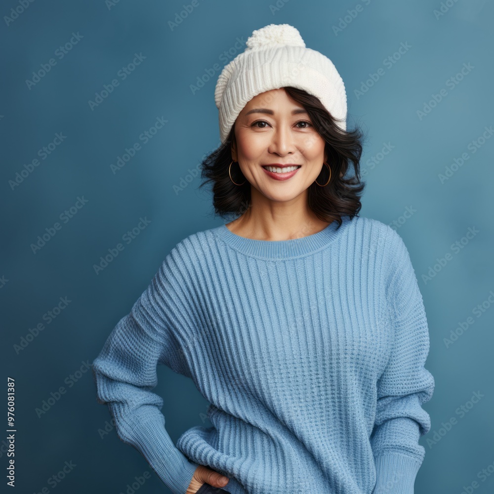 Happy middle aged asian woman in a white winter hat and a blue sweater. Portrait of senior Japanese woman in a winter cap smiling on a blue background looking at the camera. Cheerful woman in a hat. Happy middle aged asian woman in a white winter hat and a blue sweater. Portrait of senior Japanese woman in a winter cap smiling on a blue background looking at the camera. Cheerful woman in a hat.