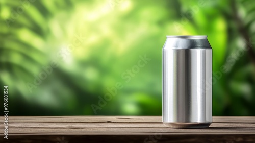 A single aluminum beverage can rests on a rustic wooden table, with a natural green background. The can symbolizes refreshment, nature, simplicity, and outdoor enjoyment.