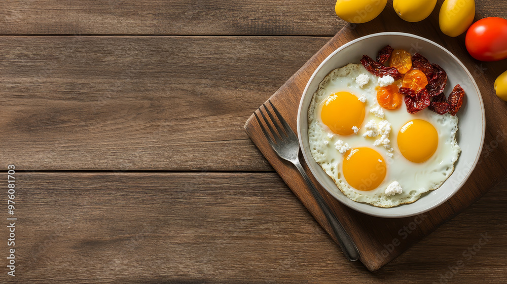 A simple yet satisfying breakfast spread featuring fluffy scrambled eggs, sun-dried tomatoes, and a sprinkle of feta cheese on a rustic wooden background. A simple yet satisfying breakfast spread featuring fluffy scrambled eggs, sun-dried tomatoes, and a sprinkle of feta cheese on a rustic wooden background.