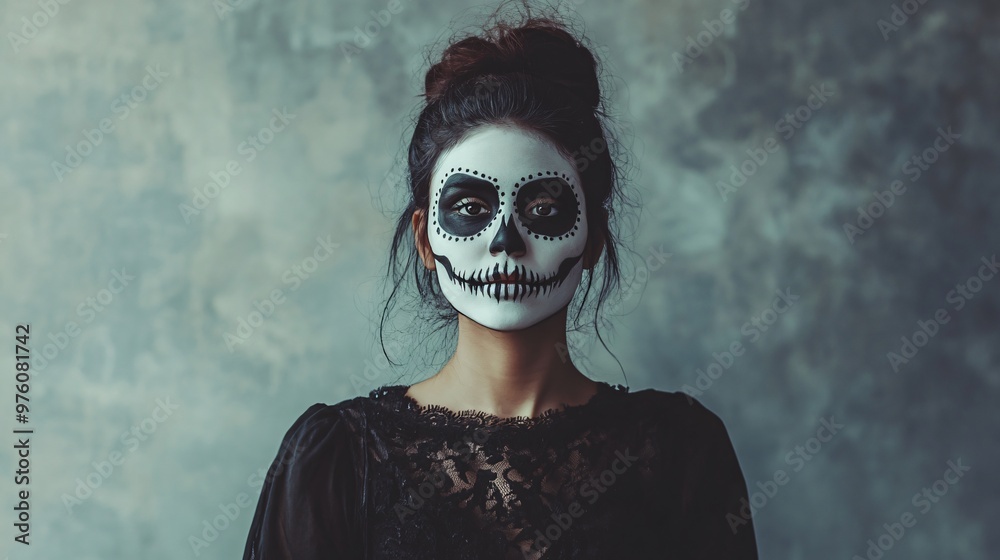A minimalist Halloween portrait of a Mexican woman in skeleton makeup, standing against a muted grey backdrop with subtle texture and soft lighting A minimalist Halloween portrait of a Mexican woman in skeleton makeup, standing against a muted grey backdrop with subtle texture and soft lighting