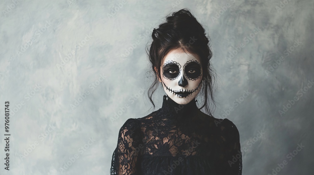 A minimalist Halloween portrait of a Mexican woman in skeleton makeup, standing against a muted grey backdrop with subtle texture and soft lighting A minimalist Halloween portrait of a Mexican woman in skeleton makeup, standing against a muted grey backdrop with subtle texture and soft lighting