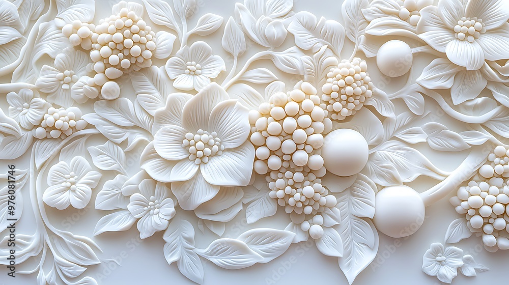 A white 3D floral relief pattern adorns a wall, adding texture and elegance. A white 3D floral relief pattern adorns a wall, adding texture and elegance.