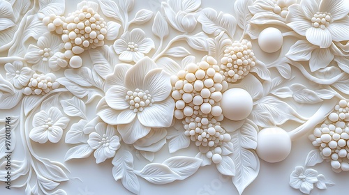 A white 3D floral relief pattern adorns a wall, adding texture and elegance.
