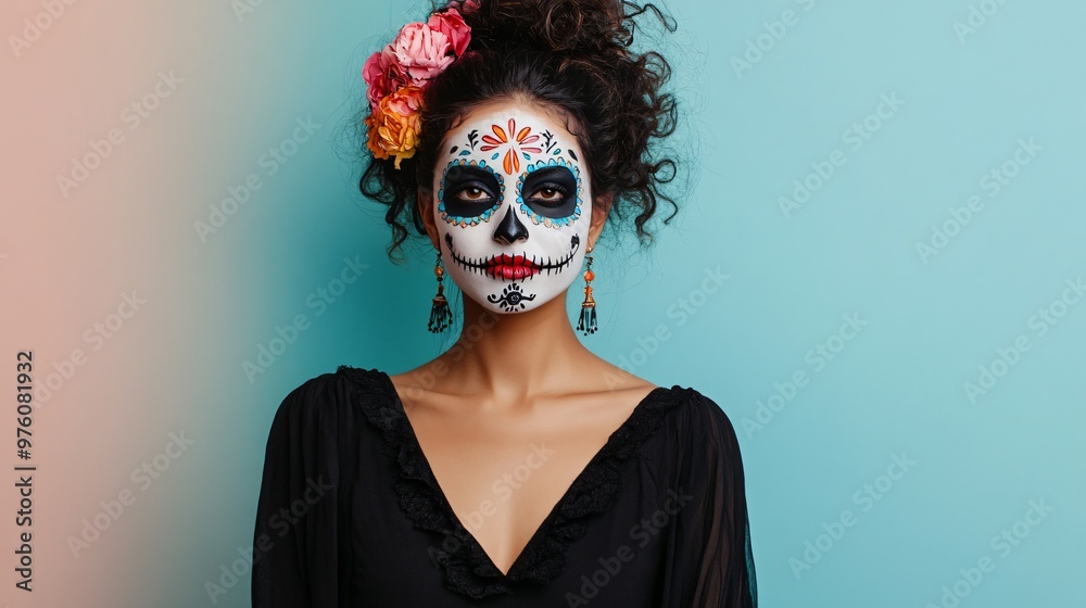 A minimalist portrait of a Mexican woman with colorful Día de los Muertos face paint, wearing a simple black dress, standing against a solid pastel background