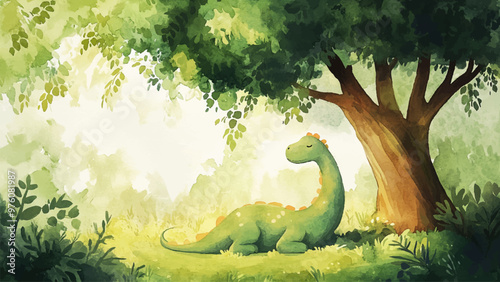 Brontosaurus Sleeping Under Shade Of Lush Tree Watercolor Illustration For Childrens Book Adorable Character Colorful Scene Peaceful Kids Storybook Prehistoric Forest Setting