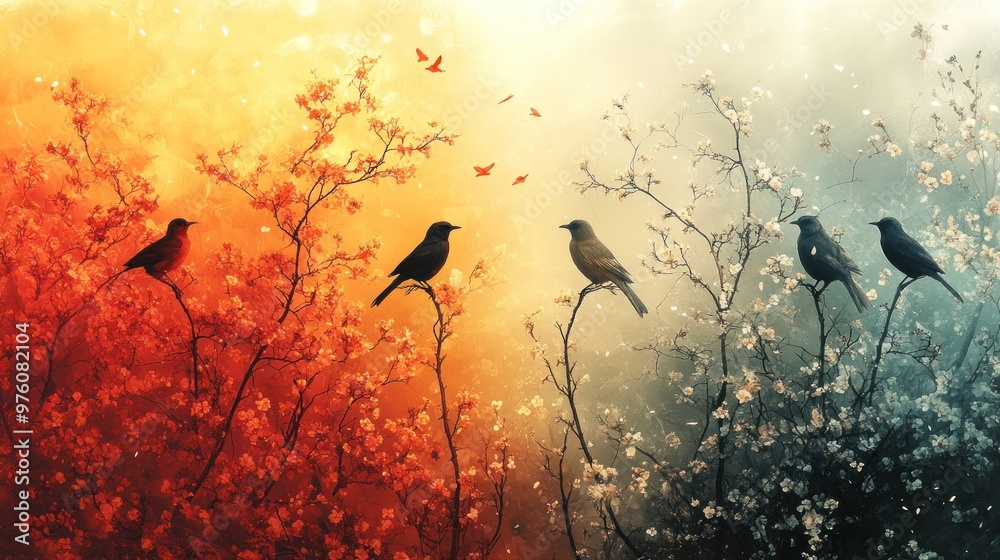 Birds perched on branches in a vibrant, contrasting landscape. Birds perched on branches in a vibrant, contrasting landscape.