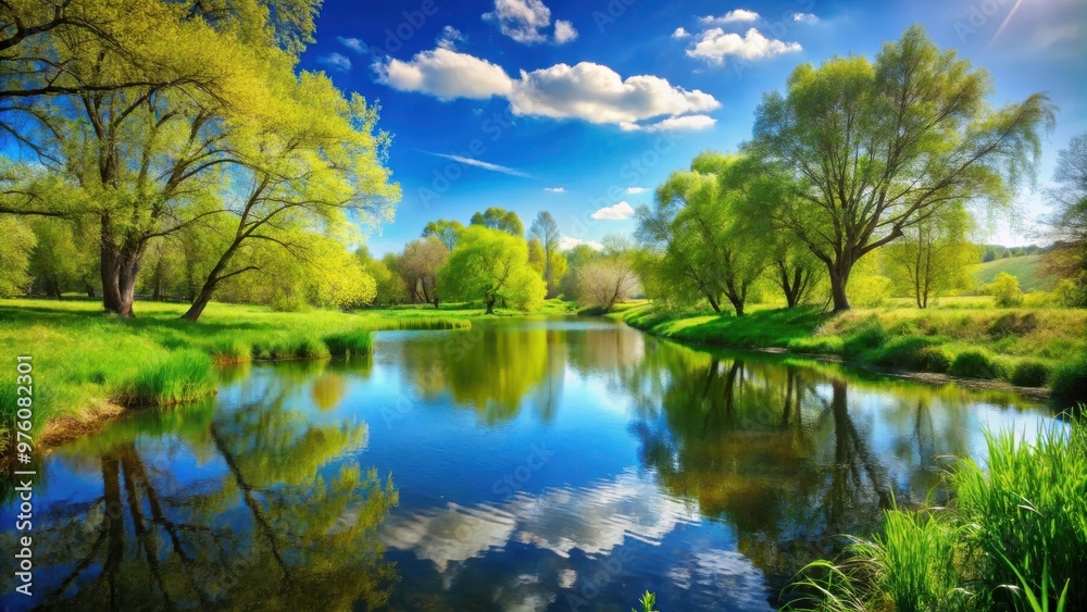 A serene nature spring surrounded by lush greenery and clear blue skies A serene nature spring surrounded by lush greenery and clear blue skies