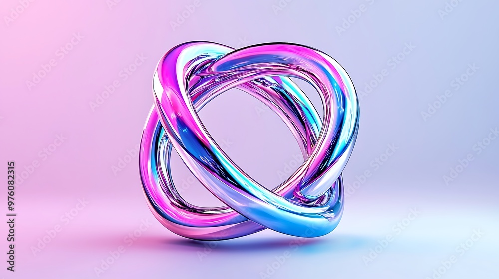 Intertwined shiny metallic rings, with iridescent hues, form an abstract masterpiece on a gradient background. Intertwined shiny metallic rings, with iridescent hues, form an abstract masterpiece on a gradient background.