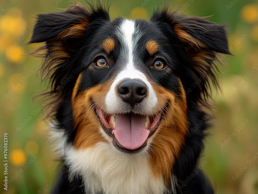 A dog with multicolored fur, specifically black, white, and brown, is seen smiling broadly while standing in a field with vibrant green grass and yellow flowers. A dog with multicolored fur, specifically black, white, and brown, is seen smiling broadly while standing in a field with vibrant green grass and yellow flowers.