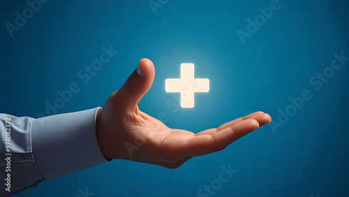 Male hand holding plus icon on blue background. Plus sign virtual means to offer positive thing like benefits, personal development, social network Profit,health insurance, growth concepts