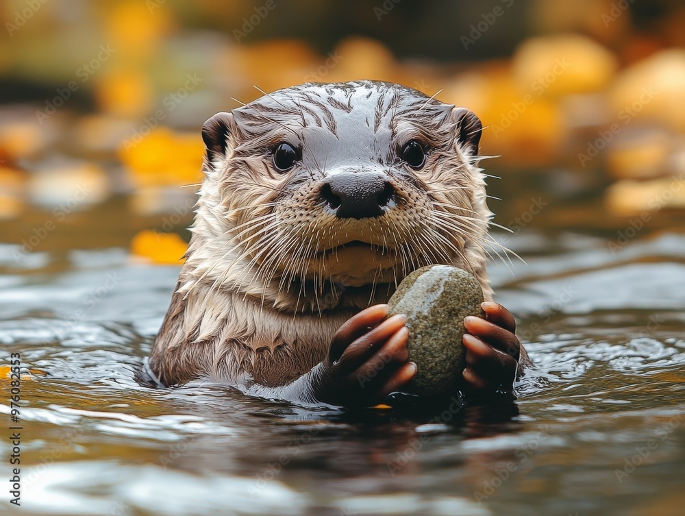 A lovable otter in a serene water setting holds a smooth stone with a look of intrigue and wonder, creating a heartwarming and captivating visual for animal lovers. A lovable otter in a serene water setting holds a smooth stone with a look of intrigue and wonder, creating a heartwarming and captivating visual for animal lovers.
