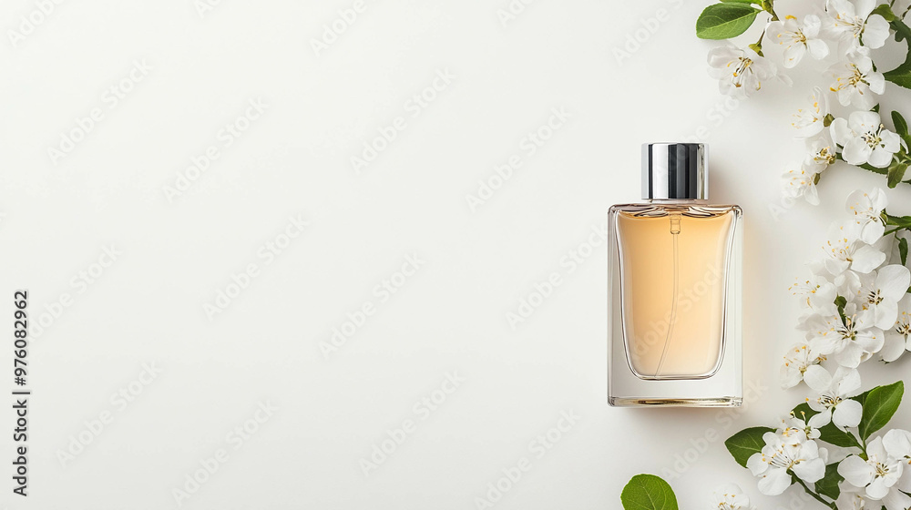 A bottle of jasmine scent perfume on a clean white backdrop. A bottle of jasmine scent perfume on a clean white backdrop.