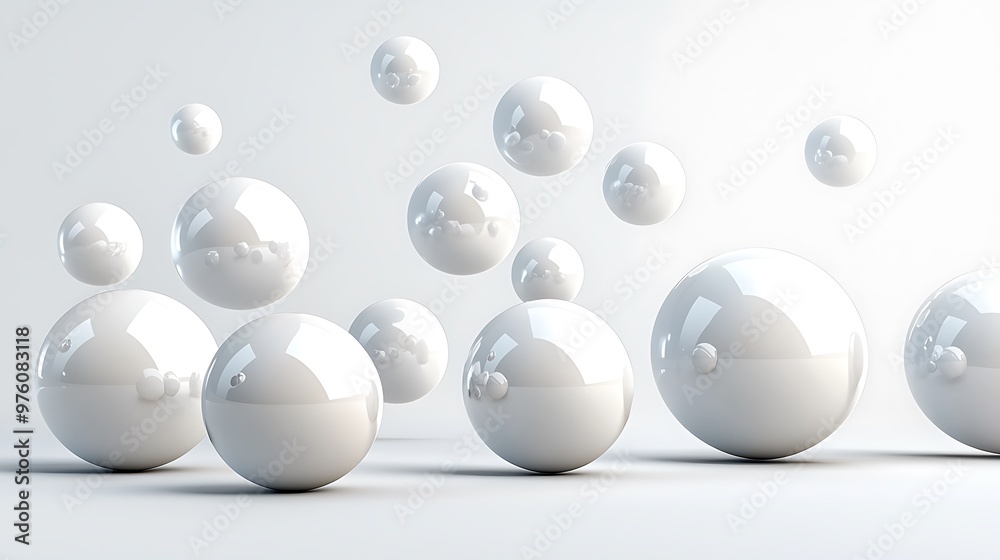 White spheres float softly on a white background, creating a minimalist abstract scene. White spheres float softly on a white background, creating a minimalist abstract scene.