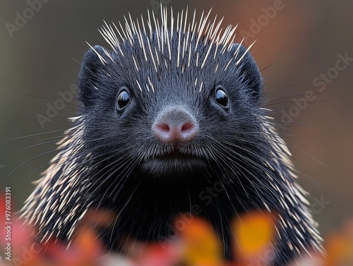 A striking image featuring a black rodent with white spikes in an outdoor setting, its sharp gaze and unique fur pattern creating a dramatic visual contrast against the background. photo