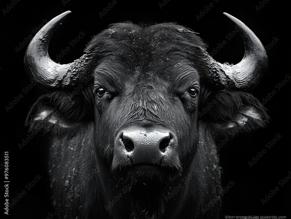 Naklejka premium A powerful black buffalo with imposing curved horns stands against a dark background, showcasing its strength and majesty through a monochromatic, high-contrast photograph.
