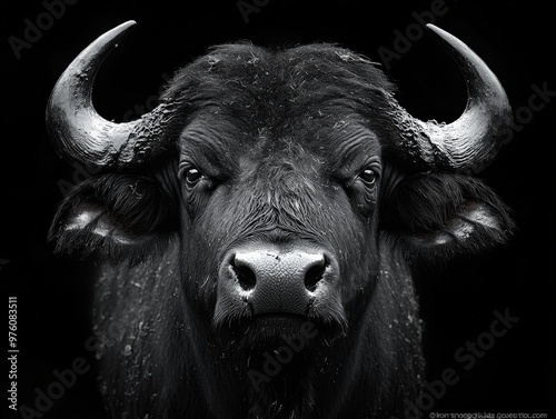 A powerful black buffalo with imposing curved horns stands against a dark background, showcasing its strength and majesty through a monochromatic, high-contrast photograph.