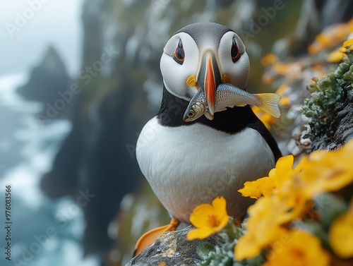 A puffin captured holding a fish in its beak amongst vibrant yellow flowers, blending sea life with terrestrial elements, symbolizing harmony and balance in nature. photo