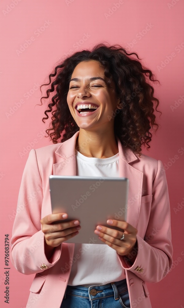 Portrait of a woman holding a tablet computer on Pastel Color Background