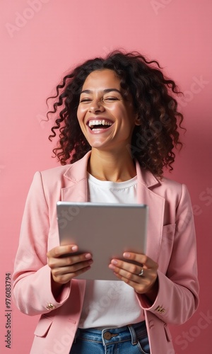 Wallpaper Mural Portrait of a woman holding a tablet computer on Pastel Color Background Torontodigital.ca