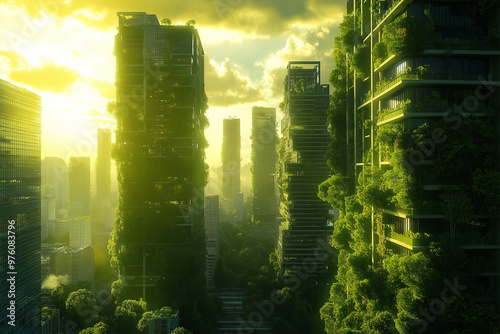 abandoned city overgrown with trees against the backdrop of sunset